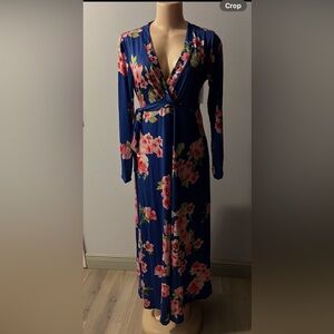 Floral Long Sleeve Maxi Dress - Blue and Pink